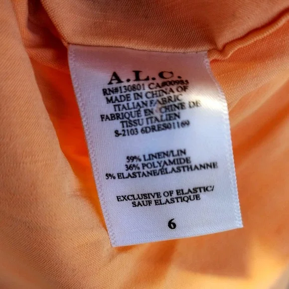 ALC Peach Smocked Puff Sleeve Linen Blend Midi Dress Size 6 - Picture 4 of 8